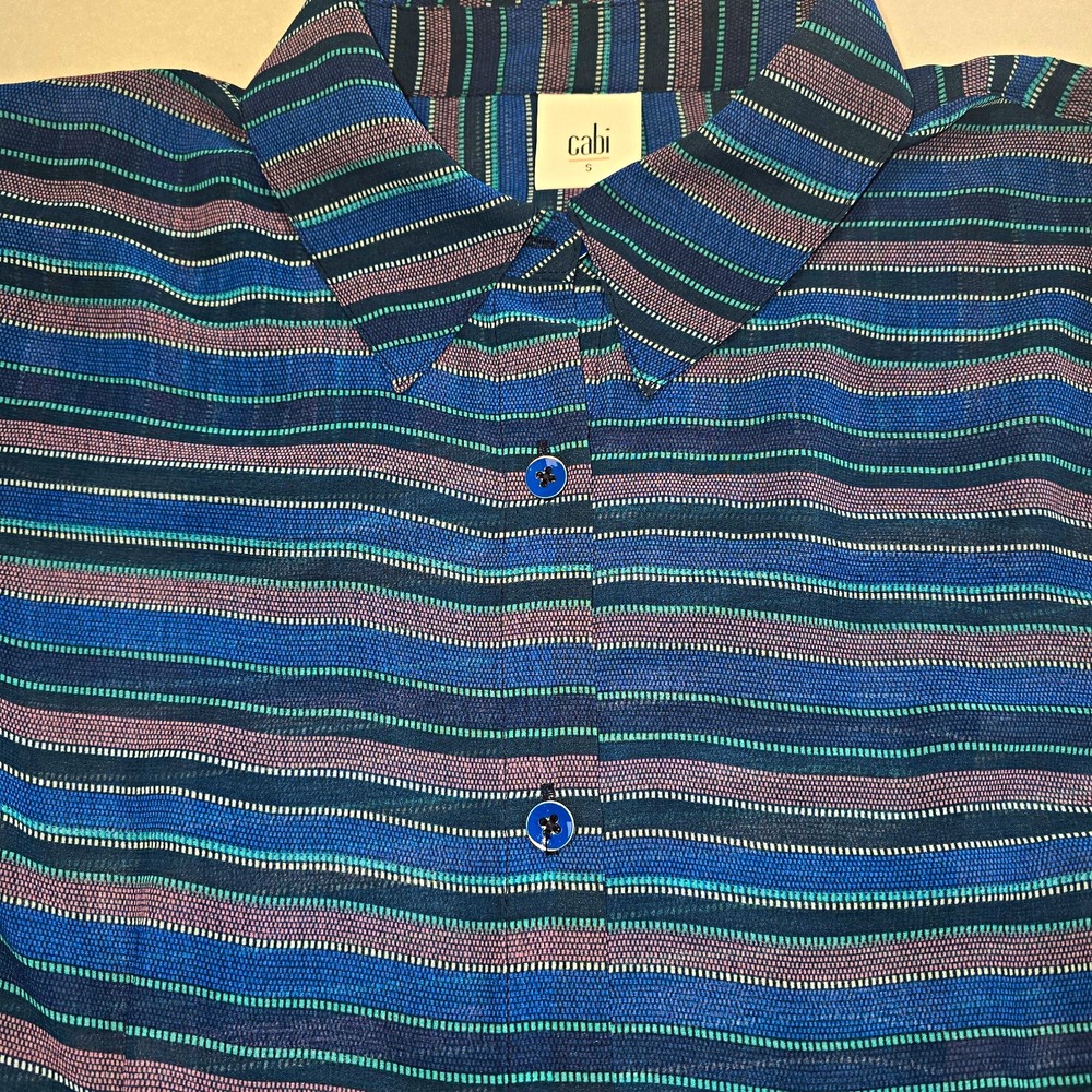 CABI Alex Blouse 3330 Striped Blue Sheer Split Back Boho Button Front Shirt S...